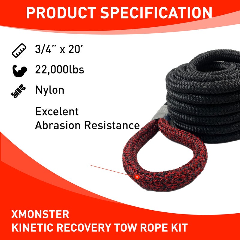 X MONSTER Kinetic Recovery Tow Rope Snatch Rope Strap3/4 x 20' (MBS 22,000 lbs) and 2 Soft Shackles (35,000bs), Free Durable Handbag Offroad Recovery Kits - Image 2